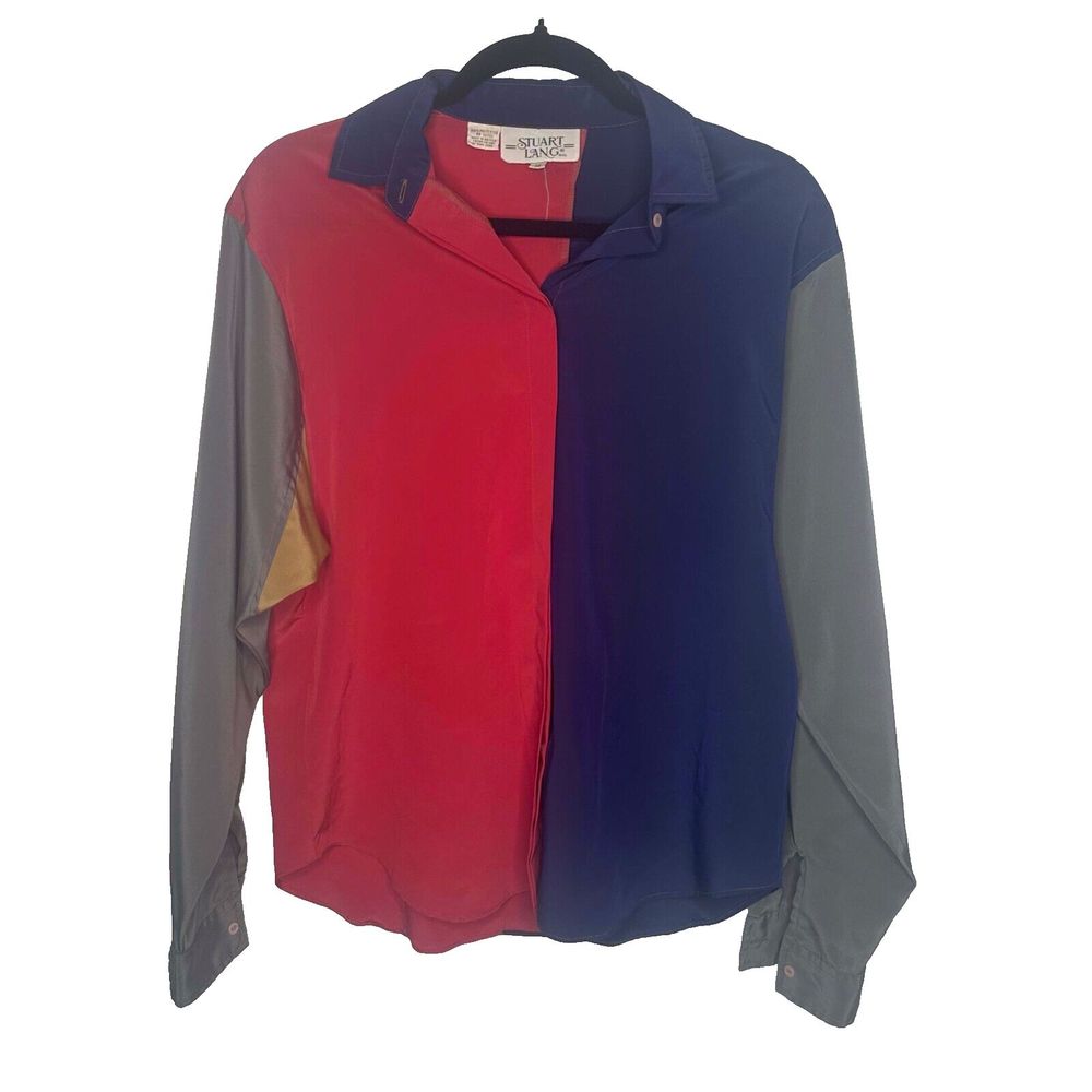 VINTAGE Stuart Lang Blouse Womens Size 10 Long Sleeve  Collared Colorblock